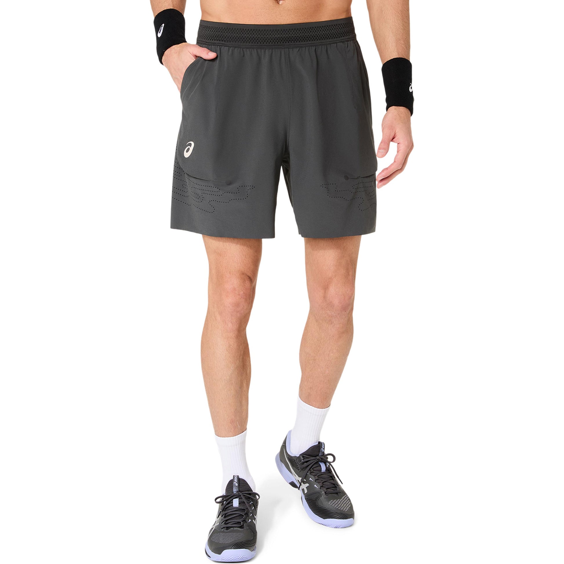 ASICS Match Laser Cut 7in Shorts Hommes - gris foncé, bleu foncé